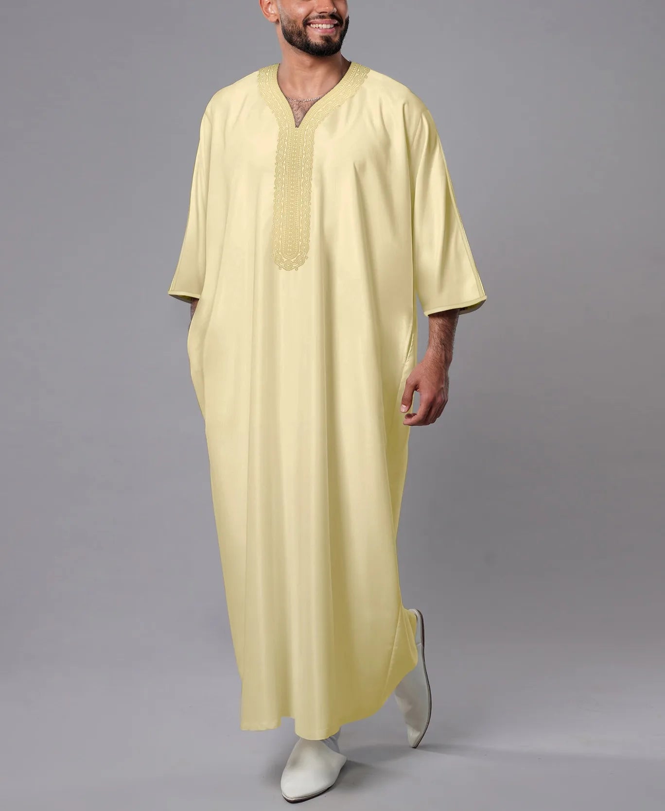 Robe longue brodée à manches mi-longues pour homme, couleur unie, style musulman, style marocain, Pakistan, Arabie, 2025