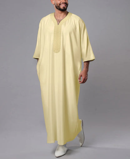 Robe longue brodée à manches mi-longues pour homme, couleur unie, style musulman, style marocain, Pakistan, Arabie, 2025